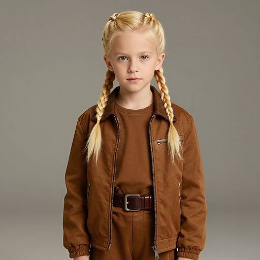 Photograph of a young blonde girl with braided hair, wearing a brown jacket and shirt, standing against a gray background.