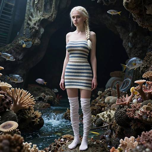 Photorealistic CGI of a blonde woman in a striped dress and white thigh-high boots, standing in an underwater coral reef with fish and a cave-like