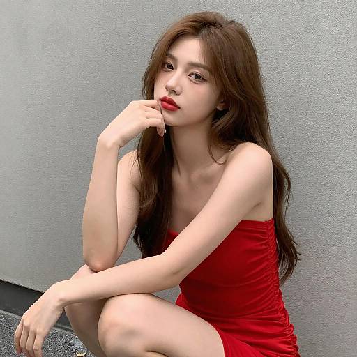 Young Woman in Red Ruched Dress