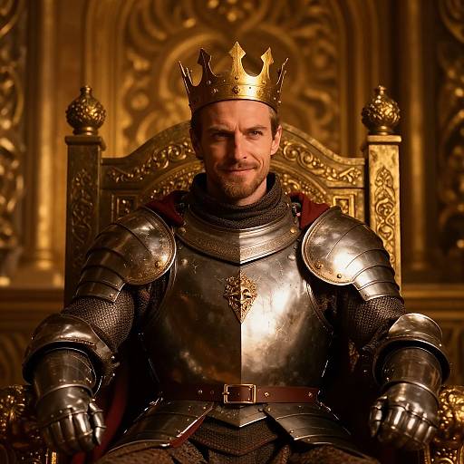 Photograph of a bearded man in medieval silver armor with a gold crown, seated on an ornate, golden throne in a warmly lit, op