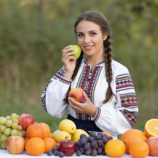 Woman in Ukrainian National Costume with Fruit