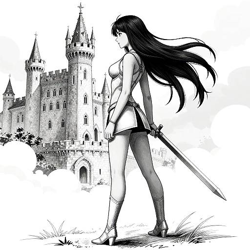 Black-and-white manga-style drawing of a long-haired woman in a revealing outfit, holding a sword, standing before a castle. She faces the castle,