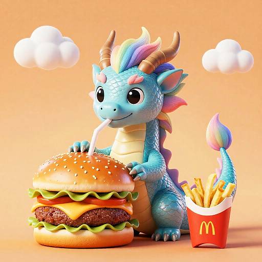 Cerulean Dragon Enjoying Burger and Fries