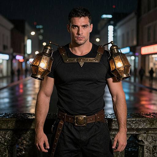 Photograph of a muscular, handsome man with short dark hair, wearing a black shirt, leather shoulder armor with lanterns, and black pants, standing