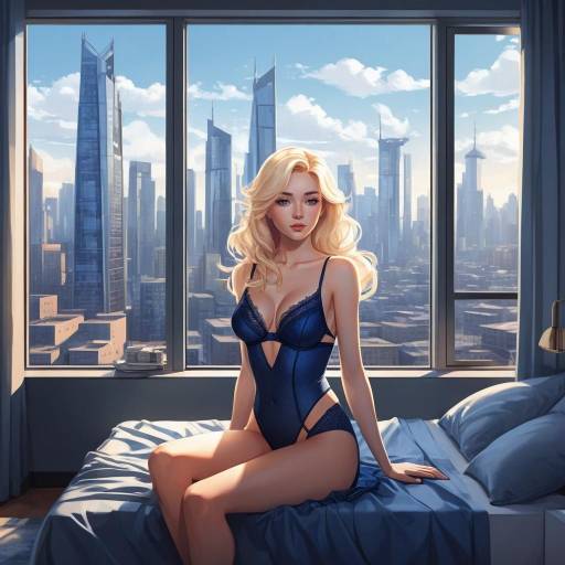 Blonde Woman in Blue Lingerie by City Window