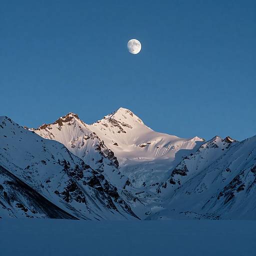 Photograph of a snow-covered mountain peak under a clear blue sky with a full moon shining brightly overhead.
