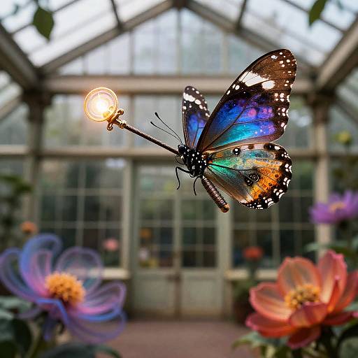 Clockwork Butterfly Above Victorian Greenhouse