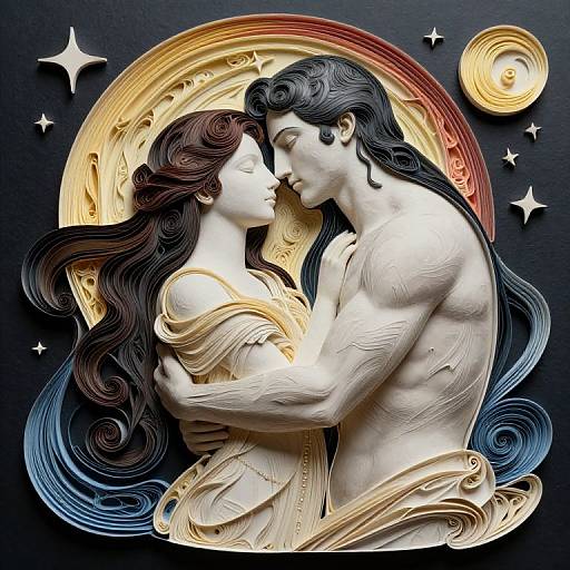 Digital art of a muscular, shirtless man and a woman with long, flowing hair, embracing passionately against a colorful, radiant halo with stars.