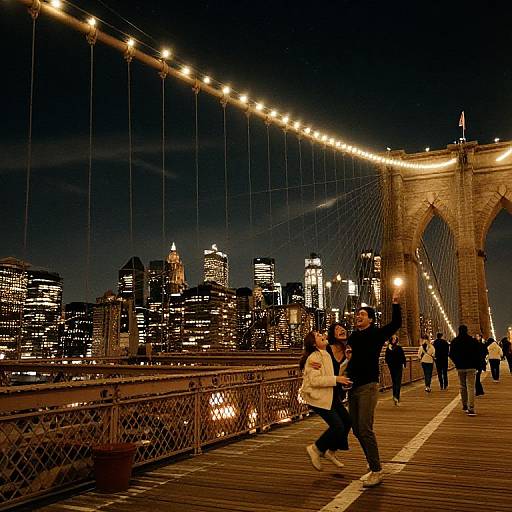 Photograph of people walking on illuminated Brooklyn Bridge at night, with city lights and skyscrapers in the background.