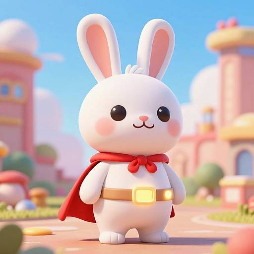 CGI cartoon of a cute white bunny with a red cape and belt, standing in a brightly colored, whimsical castle town.