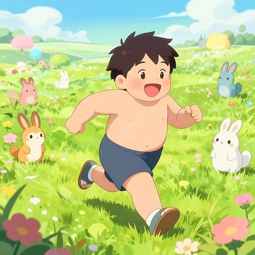 Joyful Anime Boy in Fantasy Meadow