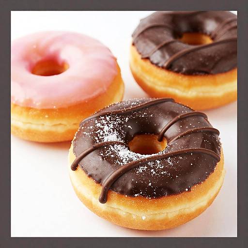 Close-up photograph of three donuts: one pink-glazed, one dark chocolate-glazed with sprinkles, and one dark chocolate-glazed with dr
