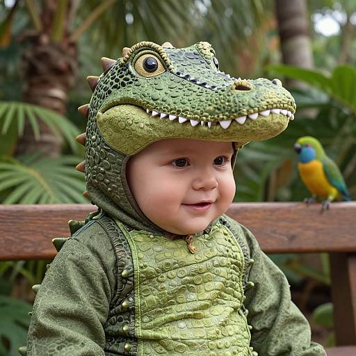 Photograph of a smiling baby wearing a detailed green crocodile costume with spiked hood, standing in a jungle-themed outdoor setting, with a colorful parrot