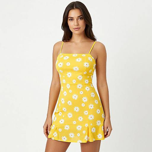 Photograph of a young woman with long dark hair wearing a bright yellow, sleeveless, spaghetti-strap dress with white daisy patterns, standing against