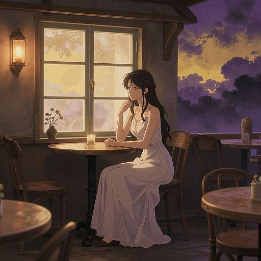 Anime-style digital art: Dark-haired woman in white dress, sitting at sunset-lit café table, gazing out window, twilight sky outside.