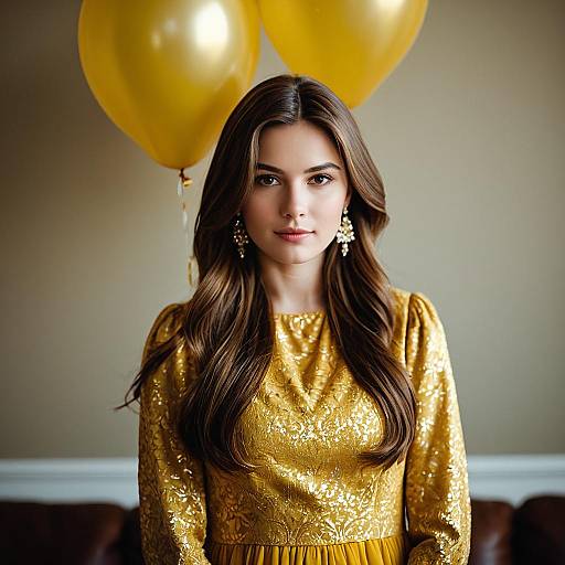 Young Woman in Golden Dress with Yellow Balloons