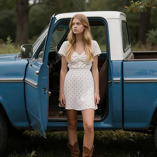 Young Woman by Vintage Pickup Truck