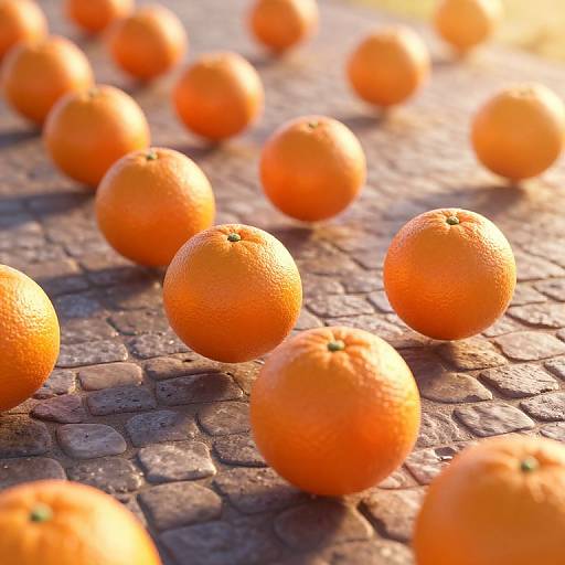 Surreal 3D Oranges on Cobblestone