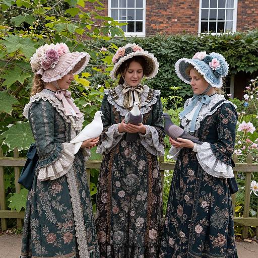 Three women in Victorian-style floral dresses and wide-brimmed hats converse in a lush garden with a brick building backdrop.