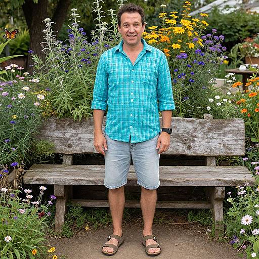 Photograph of a smiling middle-aged man with short dark hair, wearing a blue plaid shirt and light blue shorts, standing in front of a wooden