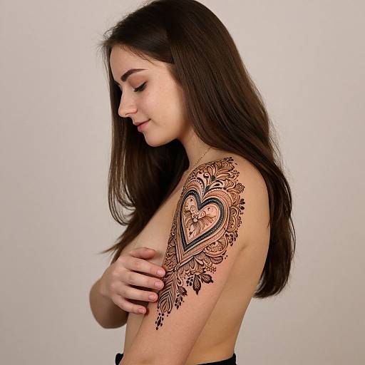 Photograph of a topless young woman with long brown hair, covering her breast with her hand, showcasing an intricate black and brown heart tattoo on her