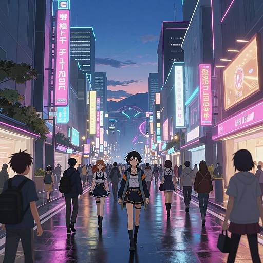 Neon-lit urban street at dusk, anime-style. Crowded with people, illuminated by vibrant pink, blue, and purple signs. Young girl