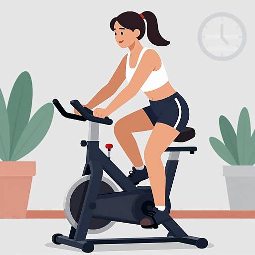 Digital illustration of a fit woman with dark hair in a ponytail, wearing a white sports bra and black shorts, cycling on an exercise bike, with