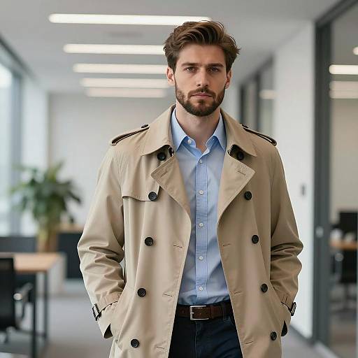 Confident Man in Trench Coat in Office Hallway