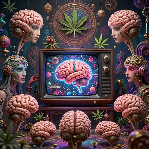 Digital artwork of three headless, brain-women with pink, textured brains, flanking a vintage TV displaying a glowing brain, surrounded by marijuana leaves