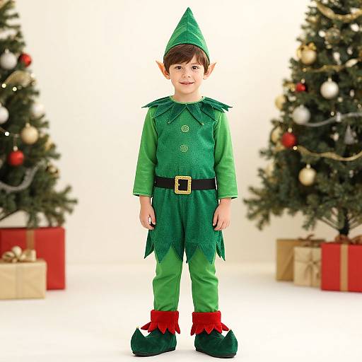 Photograph of a smiling child in a green elf costume with a pointed hat, standing in front of decorated Christmas trees and wrapped presents.