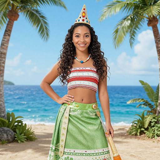 Photograph of a smiling woman with curly hair, wearing a colorful party hat, red and white striped crop top, and green skirt with gold buttons,