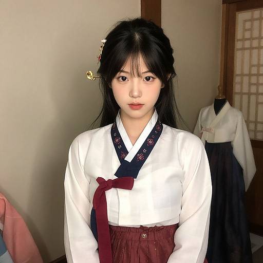 Photograph of an East Asian woman with long black hair, wearing a traditional white Korean hanbok with red ribbon, standing in a simple room with