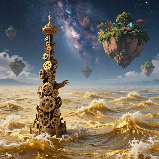 Fantastical CGI: golden clock tower with gears, hand, in turbulent ocean, surrounded by floating islands with lush vegetation, under a starry,
