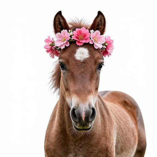 Photograph of a brown horse with a white blaze on its face, wearing a pink flower crown, against a white background.
