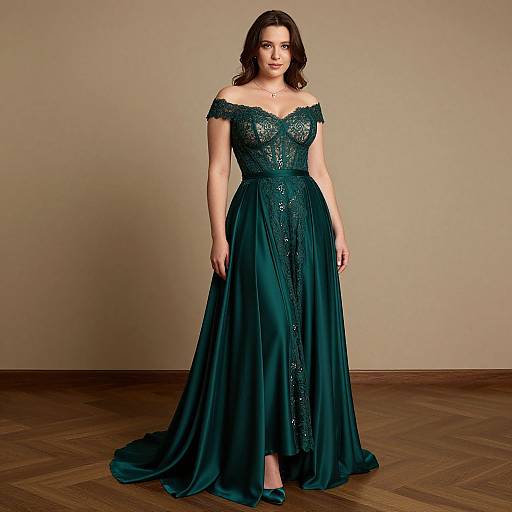 Photograph of a woman with wavy brown hair wearing an off-shoulder, teal, lace-embellished gown with a full skirt,