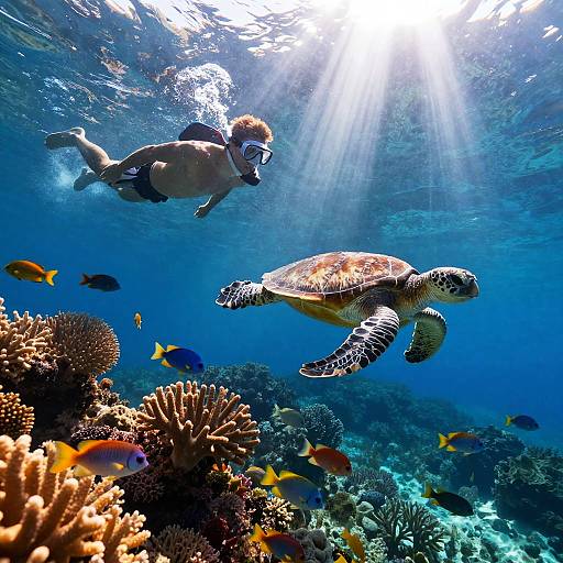 Photograph: Sunlit underwater scene with a snorkeler in black swim trunks, mask, and fins, swimming alongside a sea turtle over colorful coral