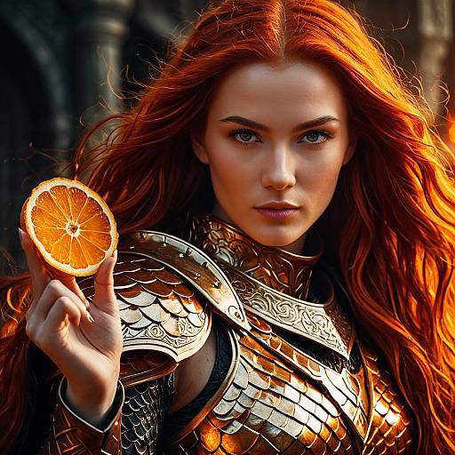 Fantasy Woman in Golden Armor Holding Orange Slice