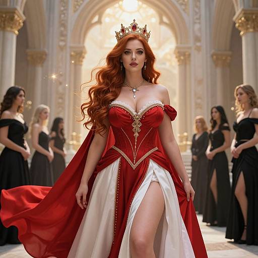 Photograph of a red-haired queen with a golden crown, wearing a red and white strapless gown, walking down a grand, sunlit hall with