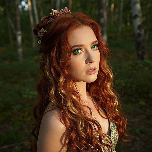 Photograph of a fair-skinned woman with long wavy auburn hair, green eyes, wearing a flower crown and green dress, standing in