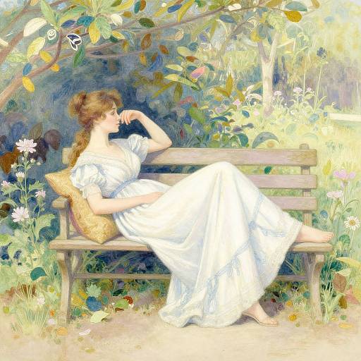 Whimsical painting of a brunette woman in a white dress, lounging on a wooden bench in a vibrant, sunlit garden.