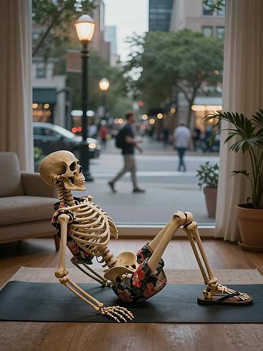Candid Skeleton Yoga in Urban Dusk
