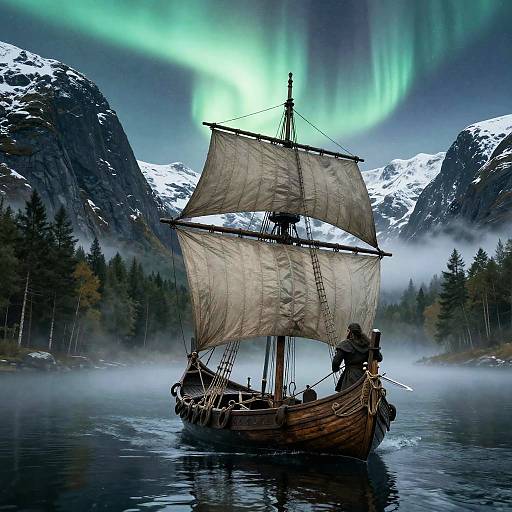 Photograph of a vintage wooden ship with white sails navigating a misty, icy fjord, surrounded by snow-capped mountains and northern lights.