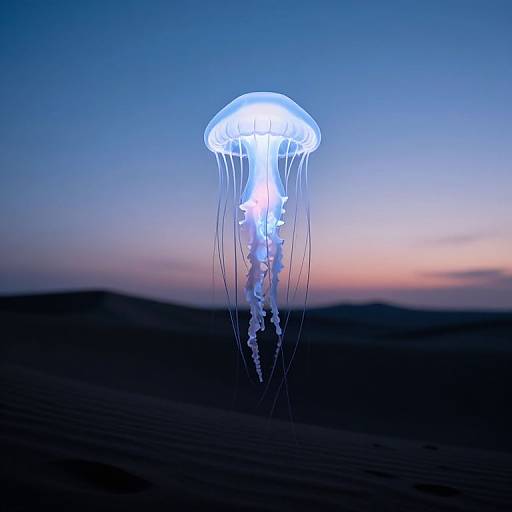 Photograph of a glowing blue jellyfish with translucent tentacles floating in a dark ocean against a twilight sky gradient from pink to blue.