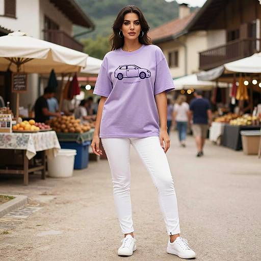 Busty Woman in Lavender Streetwear