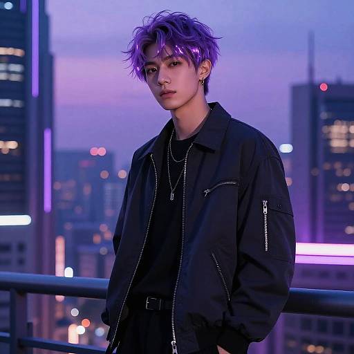 Photograph of a young, androgynous person with purple, tousled hair, wearing a black jacket and necklace, standing on a balcony at