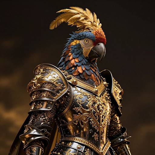 Digital artwork of a colorful parrot in ornate, gold-embellished black armor, with a dramatic yellow feather crest, set against a dark