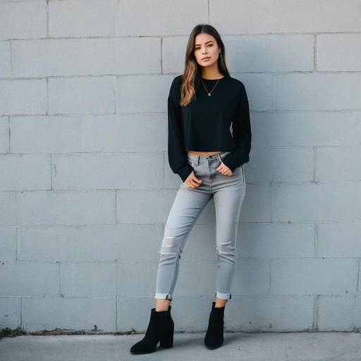 Young Woman in Black Crop Top and Gray Jeans