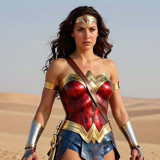 Photograph of Wonder Woman with long black hair, red and gold bustier, blue shorts, silver bracelets, and tiara, standing in a desert