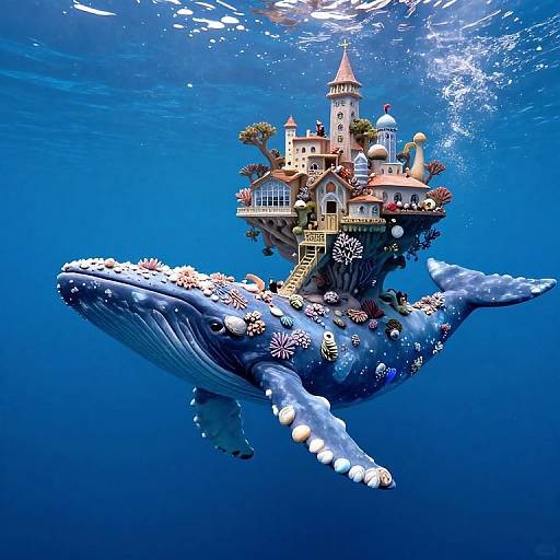 Surreal Underwater Whale with Floating City