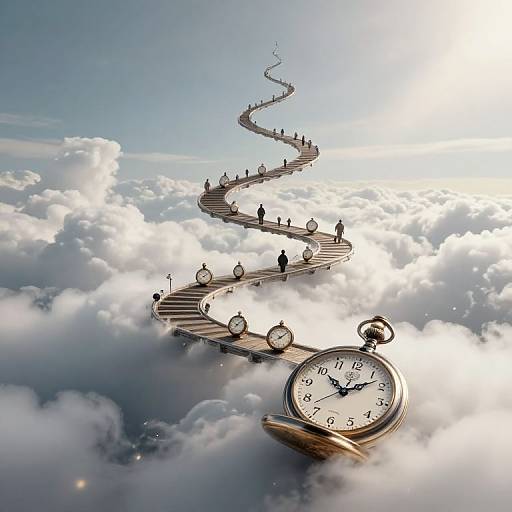 Surreal digital artwork of a winding clock staircase with people ascending, set against a cloudy sky and bright sun.